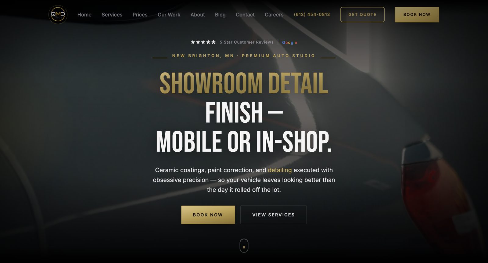 QMD Detailing & Autostyling homepage: showroom detail finish, mobile or in-shop