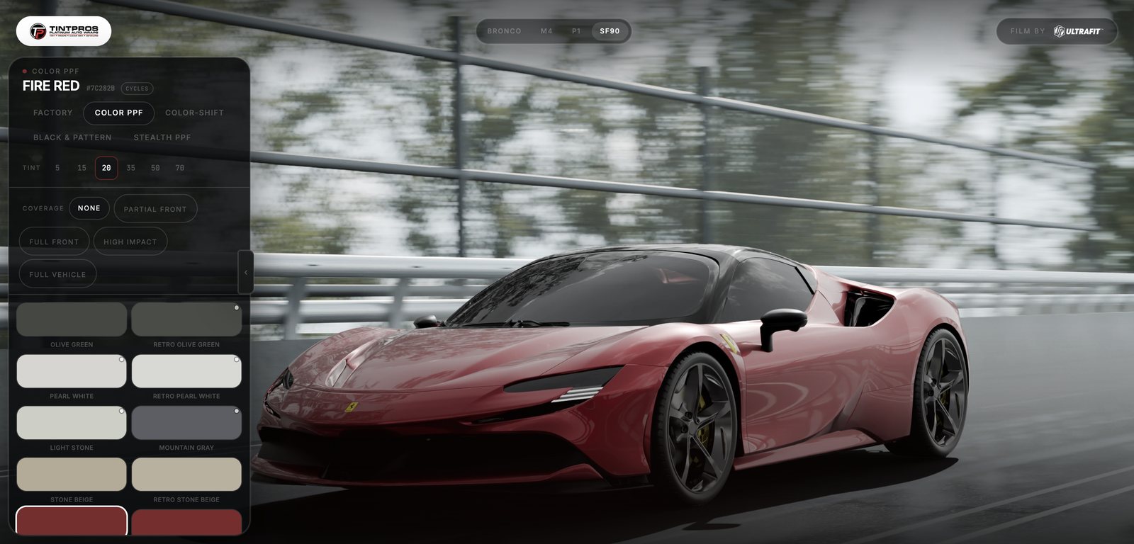 Tint Pros Studio: 3D vehicle with PPF color, coverage and tint controls